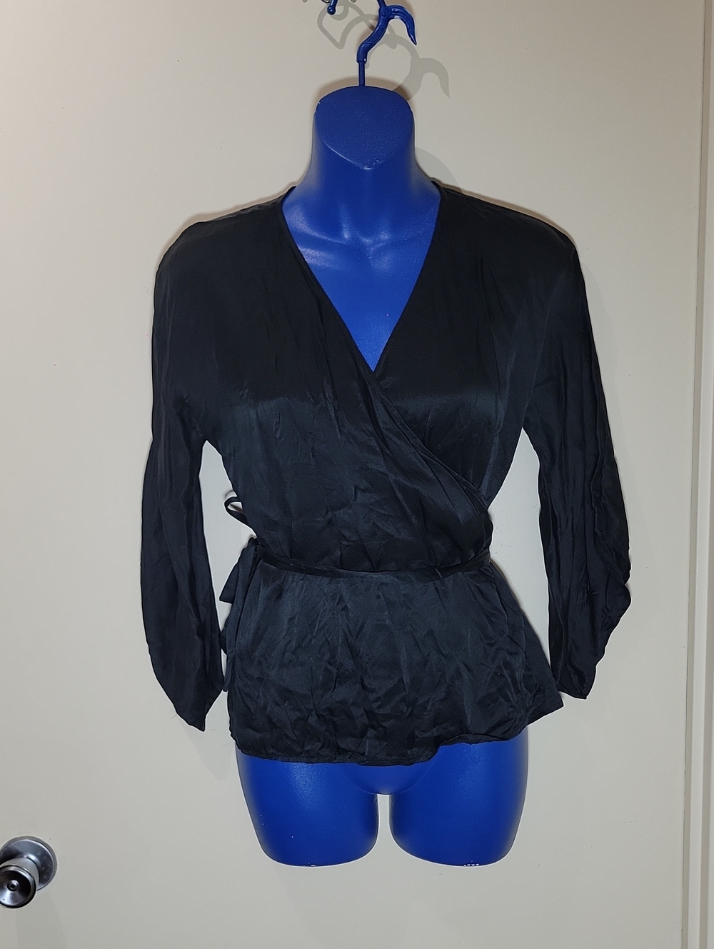 Express Black Silk Wrap Blouse with Tie Waist